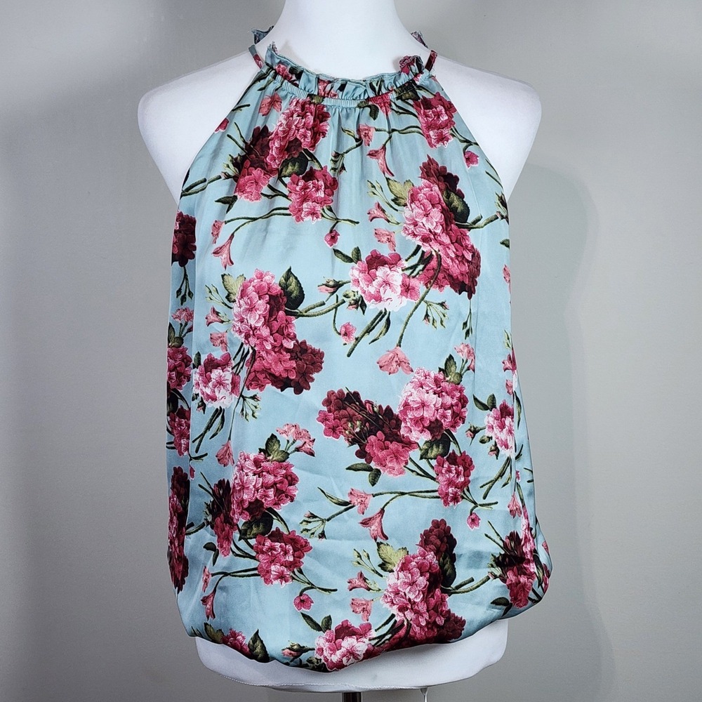 Floral Halter Top Womens Medium Satin Bubble Hem Blouse Romantic Prairie Cottage - Picture 2 of 15